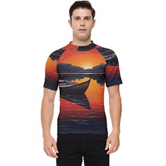 Boat Sunset Lake Water Nature Men s Short Sleeve Rash Guard by Ravend