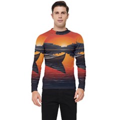 Boat Sunset Lake Water Nature Men s Long Sleeve Rash Guard by Ravend