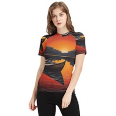 Boat Sunset Lake Water Nature Women s Short Sleeve Rash Guard by Ravend