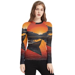 Boat Sunset Lake Water Nature Women s Long Sleeve Rash Guard by Ravend