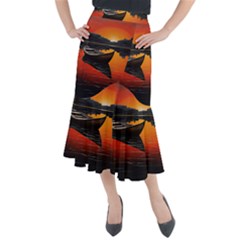 Boat Sunset Lake Water Nature Midi Mermaid Skirt by Ravend