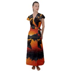 Boat Sunset Lake Water Nature Flutter Sleeve Maxi Dress by Ravend