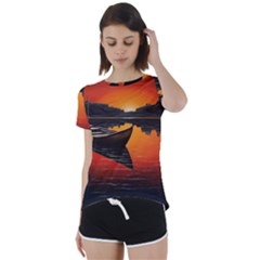 Boat Sunset Lake Water Nature Short Sleeve Open Back Tee by Ravend