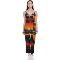 Boat Sunset Lake Water Nature V-neck Camisole Jumpsuit by Ravend