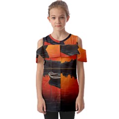 Boat Sunset Lake Water Nature Fold Over Open Sleeve Top by Ravend