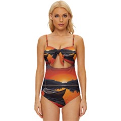 Boat Sunset Lake Water Nature Knot Front One-piece Swimsuit by Ravend