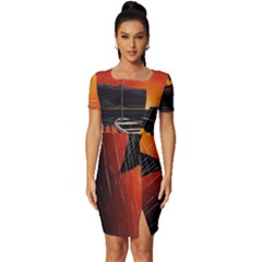 Boat Sunset Lake Water Nature Fitted Knot Split End Bodycon Dress by Ravend