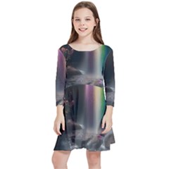 Waterfall Rainbow Kids  Quarter Sleeve Skater Dress by Ravend