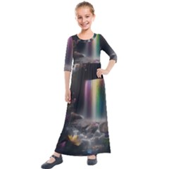 Waterfall Rainbow Kids  Quarter Sleeve Maxi Dress by Ravend