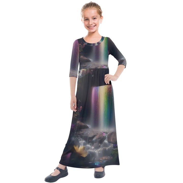 Waterfall Rainbow Kids  Quarter Sleeve Maxi Dress