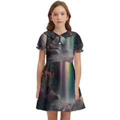 Waterfall Rainbow Kids  Bow Tie Puff Sleeve Dress by Ravend