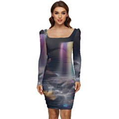 Waterfall Rainbow Women Long Sleeve Ruched Stretch Jersey Dress by Ravend