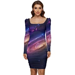 Universe Space Star Rainbow Women Long Sleeve Ruched Stretch Jersey Dress by Ravend