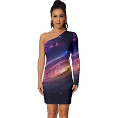 Universe Space Star Rainbow Long Sleeve One Shoulder Mini Dress by Ravend