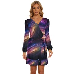 Universe Space Star Rainbow Long Sleeve Waist Tie Ruffle Velvet Dress by Ravend