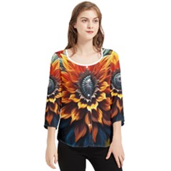 Flower Plant Geometry Chiffon Quarter Sleeve Blouse by Ravend