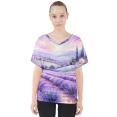 Lavender Flower Tree V-neck Dolman Drape Top by Ravend