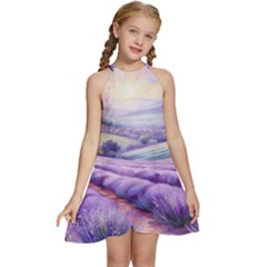 Lavender Flower Tree Kids  Halter Collar Waist Tie Chiffon Dress by Ravend