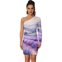 Lavender Flower Tree Long Sleeve One Shoulder Mini Dress