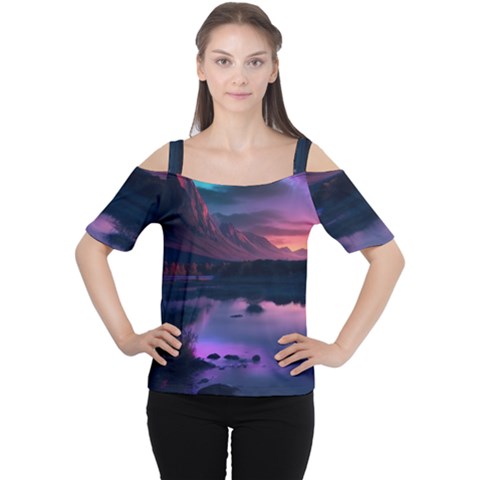 Lake Mountain Night Sea Flower Nature Cutout Shoulder Tee by Ravend