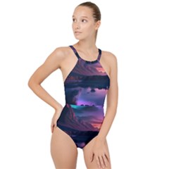 Lake Mountain Night Sea Flower Nature High Neck One Piece Swimsuit by Ravend