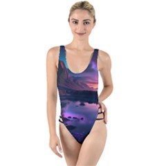 Lake Mountain Night Sea Flower Nature High Leg Strappy Swimsuit by Ravend