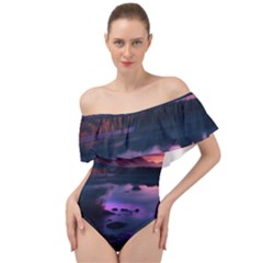 Lake Mountain Night Sea Flower Nature Off Shoulder Velour Bodysuit  by Ravend