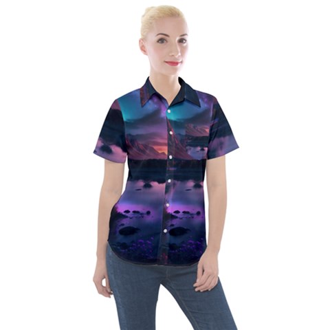 Lake Mountain Night Sea Flower Nature Women s Short Sleeve Pocket Shirt by Ravend