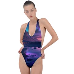 Lake Mountain Night Sea Flower Nature Backless Halter One Piece Swimsuit by Ravend