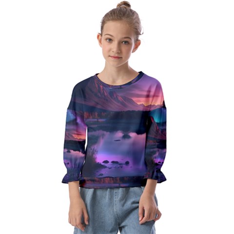 Lake Mountain Night Sea Flower Nature Kids  Cuff Sleeve Top by Ravend