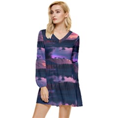 Lake Mountain Night Sea Flower Nature Tiered Long Sleeve Mini Dress by Ravend