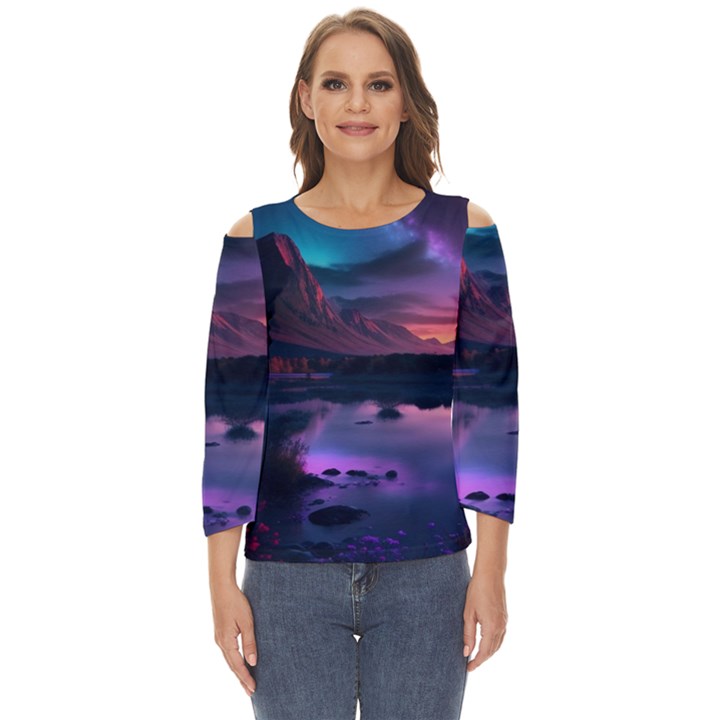 Lake Mountain Night Sea Flower Nature Cut Out Wide Sleeve Top