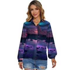 Lake Mountain Night Sea Flower Nature Women s Long Sleeve Button Up Shirt