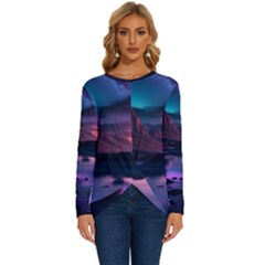 Lake Mountain Night Sea Flower Nature Long Sleeve Crew Neck Pullover Top by Ravend