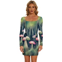 Mushroom Fungus Long Sleeve Square Neck Bodycon Velvet Dress by Ravend