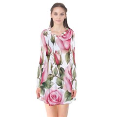 Flower Rose Pink Long Sleeve V-neck Flare Dress by Ravend