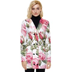 Flower Rose Pink Button Up Hooded Coat  by Ravend