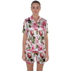 Flower Rose Pink Satin Short Sleeve Pajamas Set by Ravend