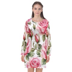 Flower Rose Pink Long Sleeve Chiffon Shift Dress  by Ravend