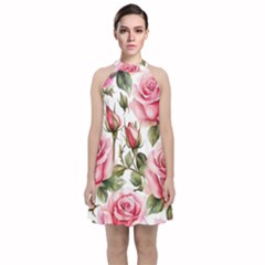 Flower Rose Pink Velvet Halter Neckline Dress 