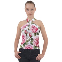 Flower Rose Pink Cross Neck Velour Top by Ravend