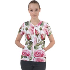 Flower Rose Pink Short Sleeve Zip Up Jacket by Ravend