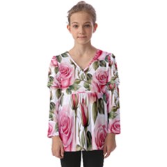 Flower Rose Pink Kids  V Neck Casual Top by Ravend