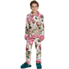 Flower Rose Pink Kids  Long Sleeve Velvet Pajamas Set by Ravend