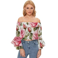 Flower Rose Pink Off Shoulder Flutter Bell Sleeve Top