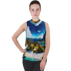 Beach Island Nature Mock Neck Chiffon Sleeveless Top by Ravend