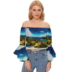 Beach Island Nature Off Shoulder Flutter Bell Sleeve Top