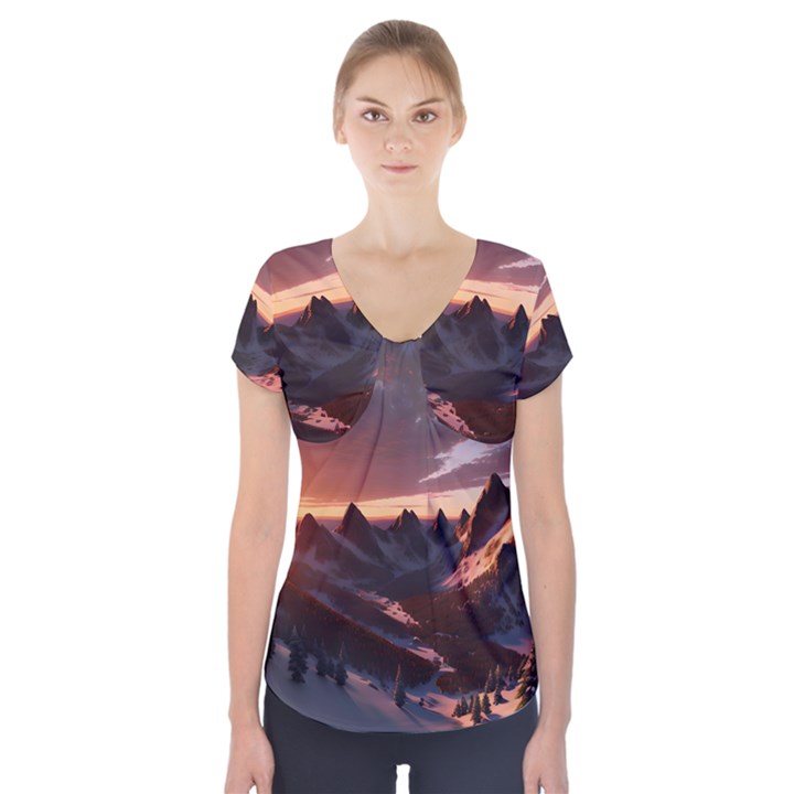 Landscape Mountains Nature Short Sleeve Front Detail Top