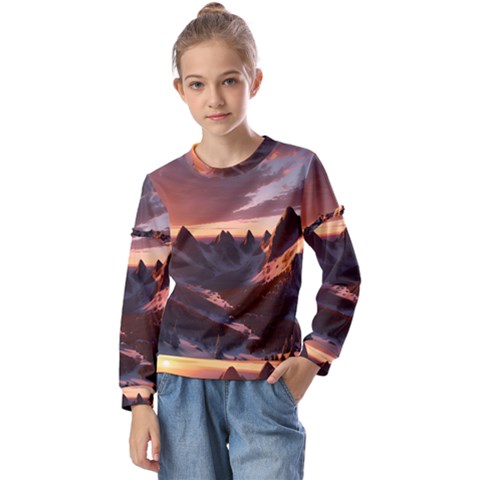 Landscape Mountains Nature Kids  Long Sleeve Tee With Frill  by Ravend