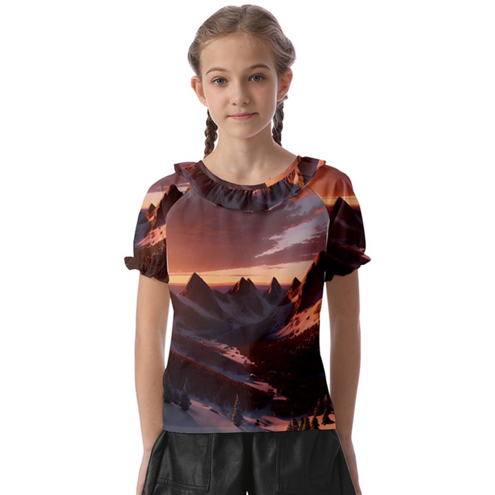 Landscape Mountains Nature Kids  Frill Chiffon Blouse